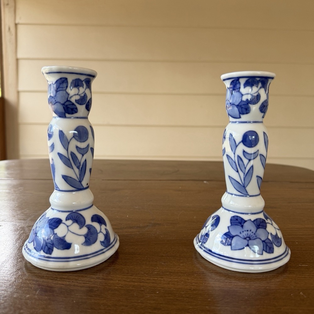 Vintage Blue & White Porcelain Candlestick Holders – Pair